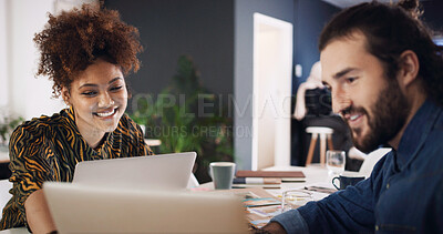 Buy stock photo Reading, meeting and woman with laptop in creative agency, homepage planning and site optimization. Domain update, smile and designer team with review of web page navigation, pc and typography idea