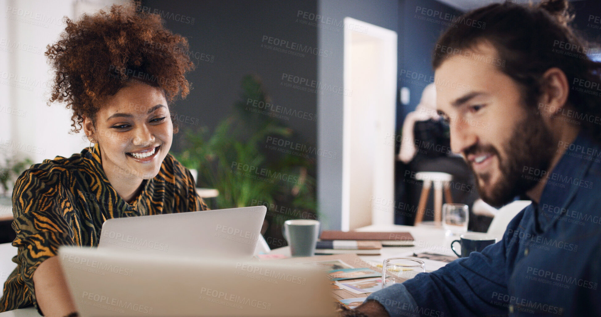 Buy stock photo Reading, meeting and woman with laptop in creative agency, homepage planning and site optimization. Domain update, smile and designer team with review of web page navigation, pc and typography idea