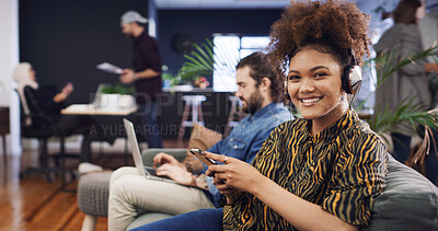 Buy stock photo Headphones, portrait and woman with phone in creative agency, marketing podcast and trends research. Confident, music and social media manager with tech to monitor campaign, smile and brand promotion