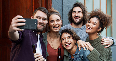 Buy stock photo Happy, friends and hug with selfie at house for photography, social media post and group reunion. Smile, people and laughing with embrace, profile picture update and gathering memory of weekend break