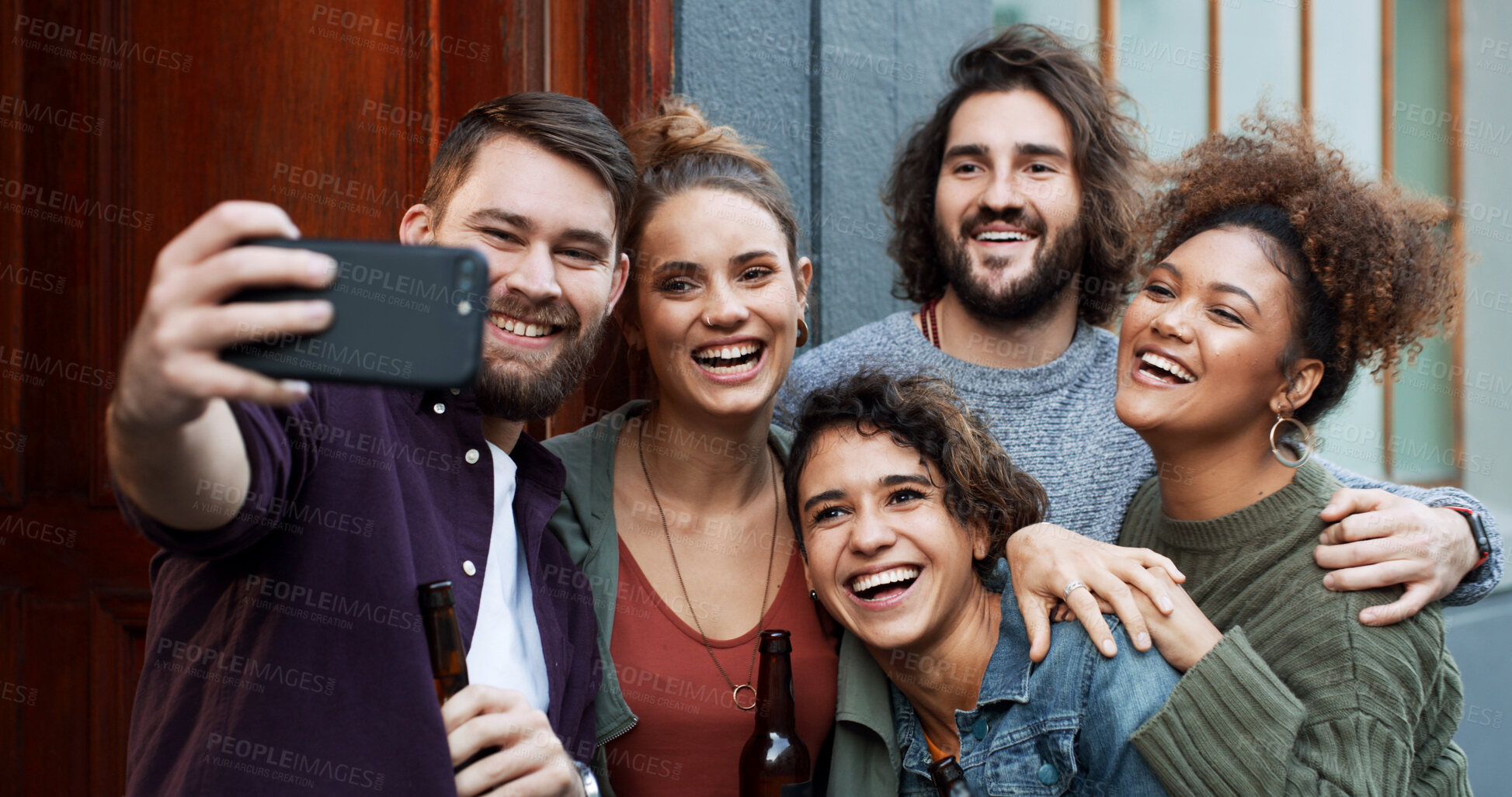 Buy stock photo Happy, friends and hug with selfie at house for photography, social media post and group reunion. Smile, people and laughing with embrace, profile picture update and gathering memory of weekend break