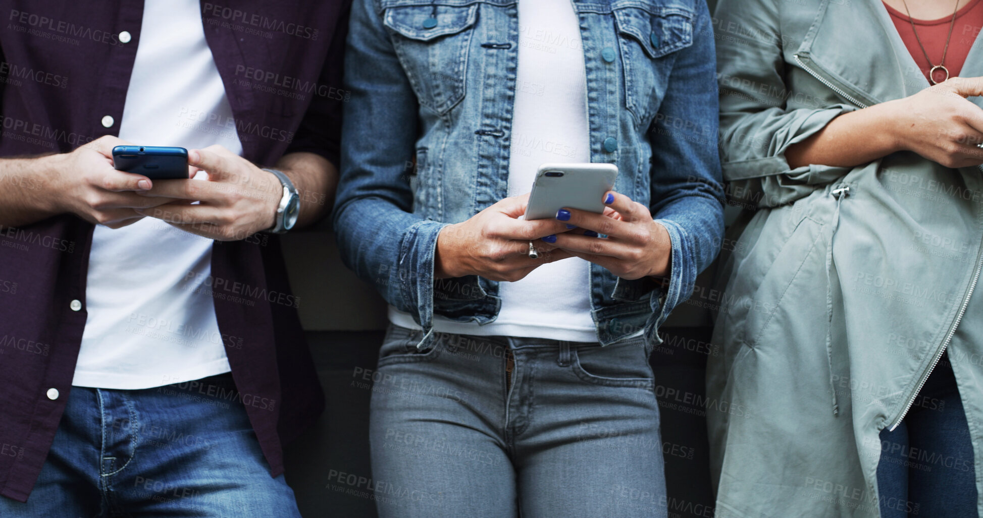 Buy stock photo Business people, hands and row with phone for job search, career opportunity or network. Group, users or scrolling with smartphone, mobile app or research in line for online recruitment or connection