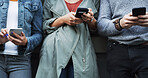 Business people, hands and line with phone for job search, career opportunity or network. Group, users or scrolling with smartphone, mobile app or research in row for online hiring or recruitment