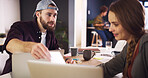 Discussion, meeting or man with paper in creative agency, online magazine production or story review. Talking, people and editor with laptop for arrangement planning, feature format idea and teamwork
