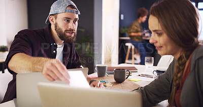 Buy stock photo Discussion, meeting or man with paper in creative agency, online magazine production or story review. Talking, people and editor with laptop for arrangement planning, feature format idea and teamwork