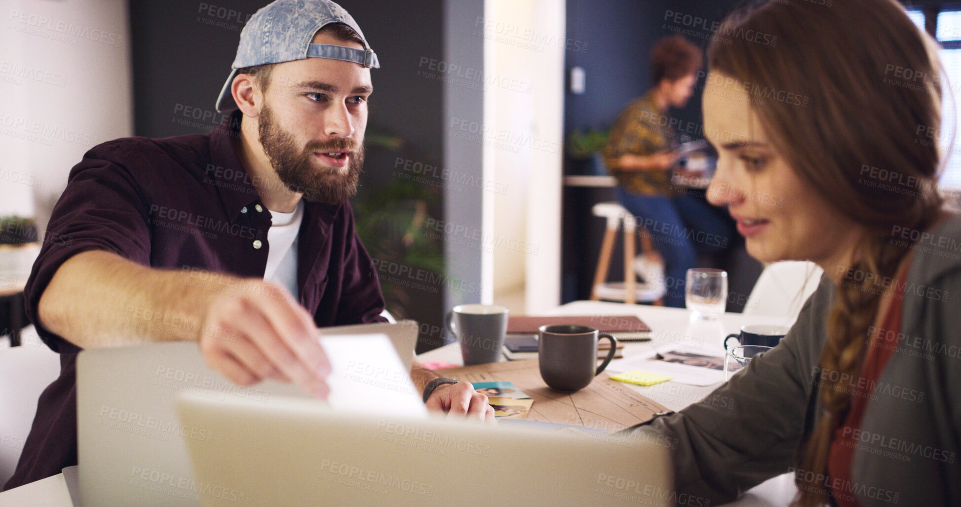 Buy stock photo Discussion, meeting or man with paper in creative agency, online magazine production or story review. Talking, people and editor with laptop for arrangement planning, feature format idea and teamwork
