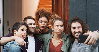 Buy stock photo Happy, friends and silly with selfie at house for photography, social media post and bonding. Smile, people or embrace with goofy expression, profile picture update and capture moment of get together