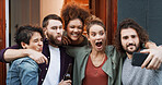 Silly, friends and expression with selfie at house for photography, social media post and bonding. Smile, people and embrace with goofy emotion, profile picture update and capture moment of gathering