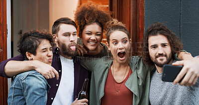 Buy stock photo Silly, friends and expression with selfie at house for photography, social media post and bonding. Smile, people and embrace with goofy emotion, profile picture update and capture moment of gathering