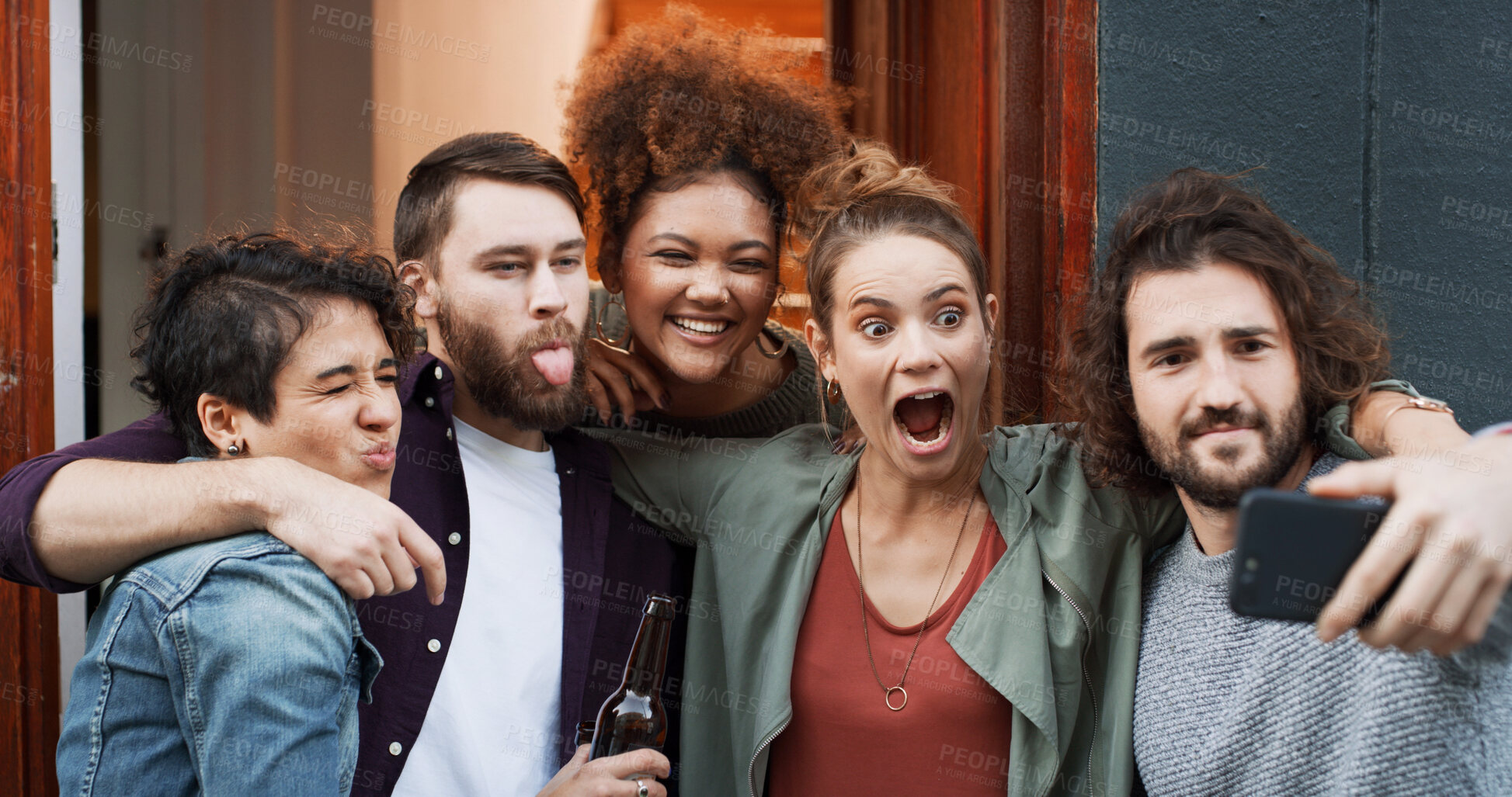 Buy stock photo Silly, friends and expression with selfie at house for photography, social media post and bonding. Smile, people and embrace with goofy emotion, profile picture update and capture moment of gathering