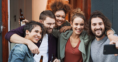 Buy stock photo Smile, friends and hug with selfie in home for photography, social media post and group reunion. Happy, people and laughing with embrace, profile picture update and gathering memory for weekend break