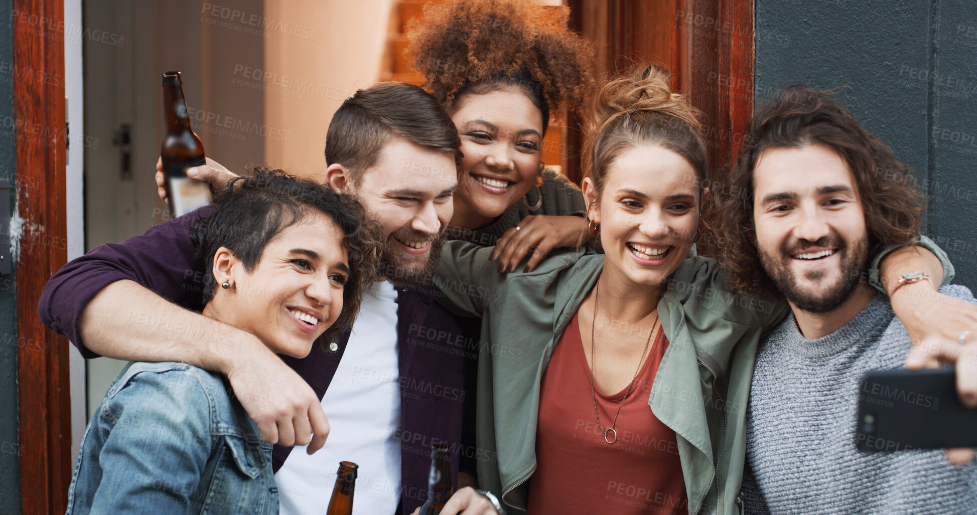 Buy stock photo Smile, friends and hug with selfie in home for photography, social media post and group reunion. Happy, people and laughing with embrace, profile picture update and gathering memory for weekend break