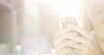 Hands, flare and woman with phone in city for text message, social media update or communication. Mobile, app and person outdoor for chat, online post and internet connection with space in morning