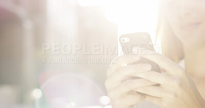 Buy stock photo Hands, flare and woman with phone in city for text message, social media update or communication. Mobile, app and person outdoor for chat, online post and internet connection with space in morning