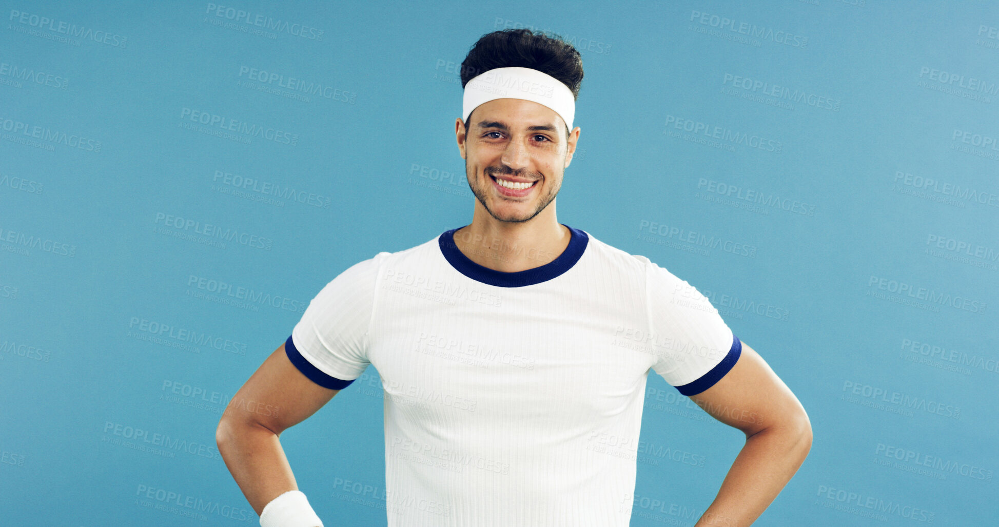 Buy stock photo Portrait, smile and tennis with man on studio space for health, retro sports or wellness. Confidence, fitness and proud with happy person on blue background for competition, game or hobby as player