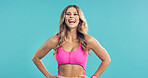 Portrait, happy and woman in studio for aerobics, fashion and excited or laughing. Confident, stylish and dancer person with humor for fitness clothes, retro and 80s aesthetic on a blue background