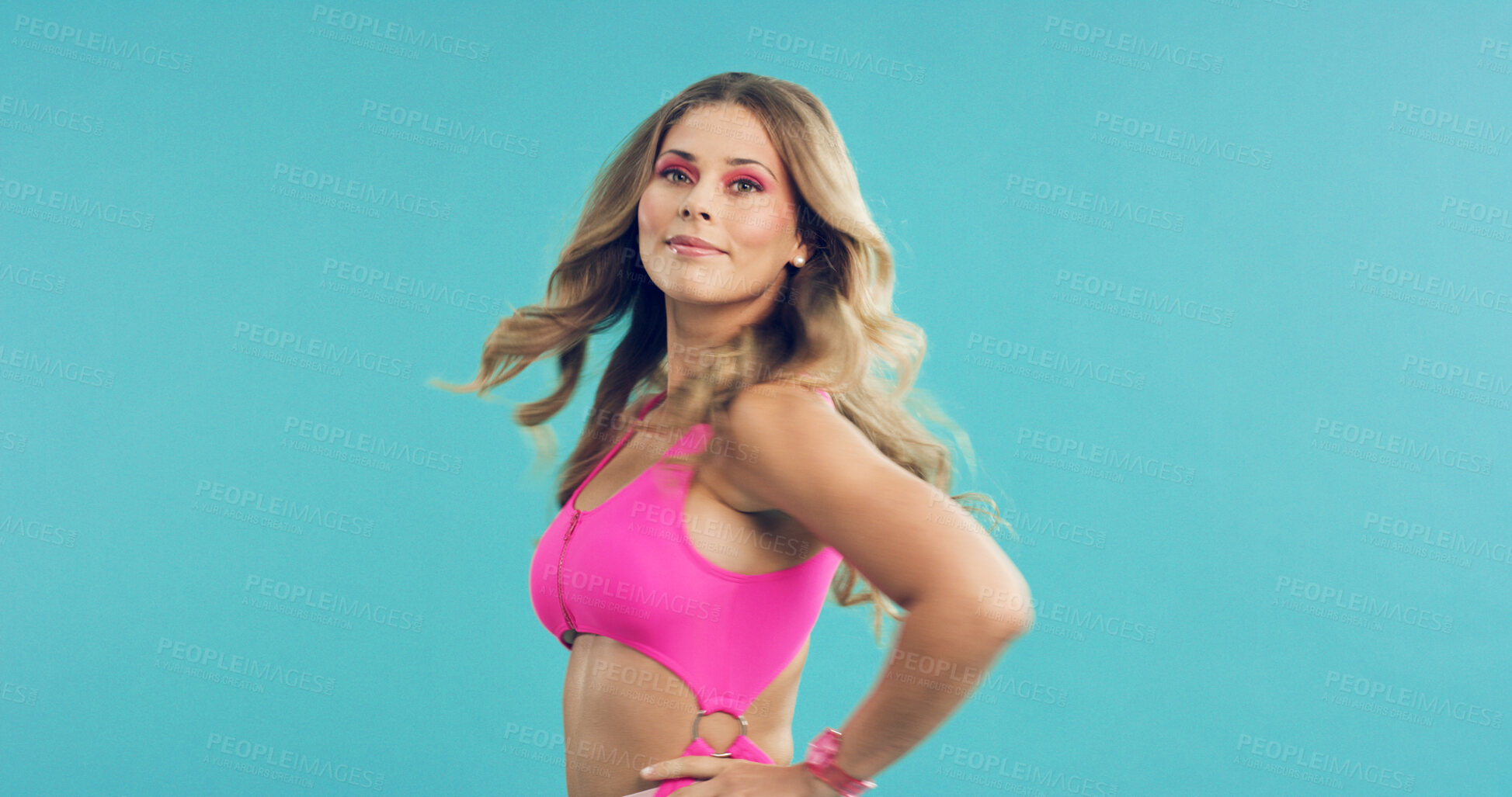 Buy stock photo Makeup, fitness and portrait of woman with fashion in studio for retro, cool and trendy outfit. Space, beauty and person with sports clothes for vintage style with confidence by blue background.