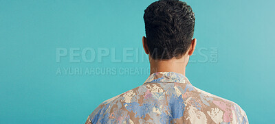 Buy stock photo Back, fashion and space with man on blue background for retro aesthetic or summer vibe. Banner, mockup and style with vintage person in studio for advertising or marketing of holiday ad vacation