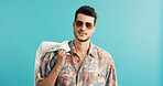 Fashion, portrait and shades with man on blue background for holiday clothing or retro aesthetic. Space, style and sunglasses with person in studio for summer travel or vacation apparel and clothes