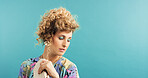 Woman, thinking and beauty with retro style for makeup, cosmetics and aesthetic with jewellery. Studio background, female person and mockup with space for eye shadow, vintage fashion and attitude