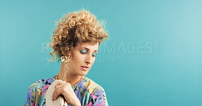 Buy stock photo Woman, thinking and beauty with retro style for makeup, cosmetics and aesthetic with jewellery. Studio background, female person and mockup with space for eye shadow, vintage fashion and attitude