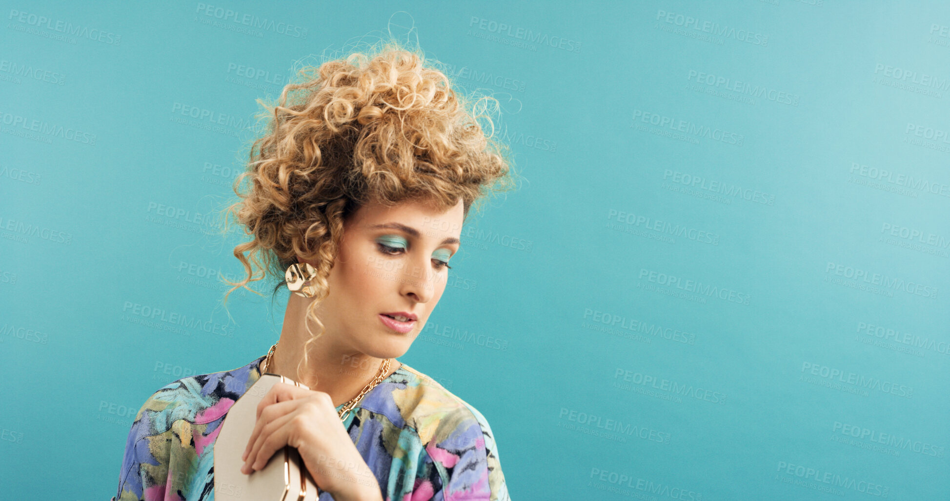 Buy stock photo Woman, thinking and beauty with retro style for makeup, cosmetics and aesthetic with jewellery. Studio background, female person and mockup with space for eye shadow, vintage fashion and attitude