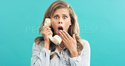 Buy stock photo Woman, portrait or shock with retro telephone for terror, fear or news on a blue studio background. Surprised, female person or vintage phone call with style, gossip or rumor for warning announcement