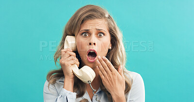Buy stock photo Woman, portrait or shock with phone call on retro telephone for news on a blue studio background. Surprised, female person or vintage landline with fear, gossip or rumor for warning announcement