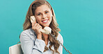 Vintage, woman and telephone call in studio for business update, admin and talk with mockup space. Retro landline, portrait and secretary listening, chat and schedule appointment on blue background