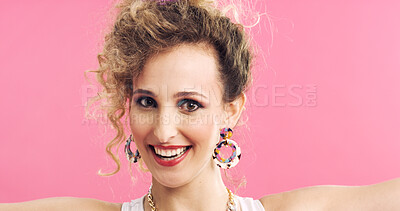 Buy stock photo Woman, portrait and smile with retro style for makeup, cosmetics and aesthetic with jewellery. Studio background, female person and beauty with space for eye shadow, vintage fashion and earrings