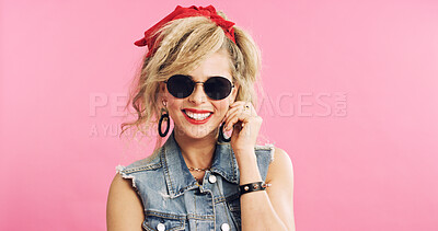Buy stock photo Fashion, retro and woman in studio with sunglasses, pop clothing or classic outfit in 80s aesthetic. Vintage, space and person with eyewear, nostalgic apparel or rock style on pink background.