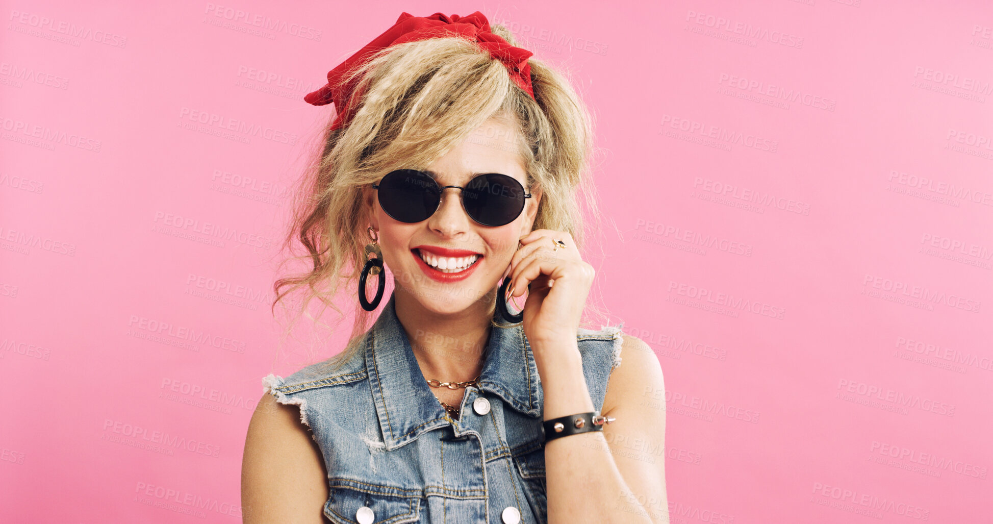 Buy stock photo Fashion, retro and woman in studio with sunglasses, pop clothing or classic outfit in 80s aesthetic. Vintage, space and person with eyewear, nostalgic apparel or rock style on pink background.