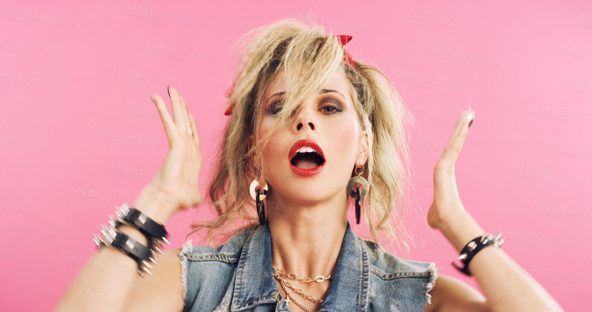Buy stock photo Fashion, retro and woman with portrait, punk clothing or edgy outfit in 80s aesthetic. Vintage, space and person with confidence, nostalgic accessories or classic grunge style on studio background.