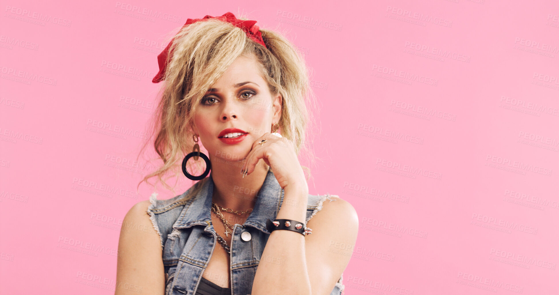 Buy stock photo Portrait, hair and woman in studio with edgy style, funky and 80s look on pink background. Confident, cool or retro for female person with stylish, jewelry and fashion for trendy aesthetic with space