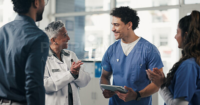 Buy stock photo Medical, clap or doctors in hospital with tablet, teamwork or good news in treatment plan. Healthcare, collaboration or people with applause, surgery success or positive feedback in post operation.
