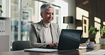 Admin, idea and woman in office with laptop, public relations and career growth or development. Mature, business person and report with consultant, tech and problem solving for PR campaign planning