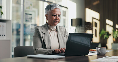 Buy stock photo Admin, idea and woman in office with laptop, public relations and career growth or development. Mature, business person and report with consultant, tech and problem solving for PR campaign planning