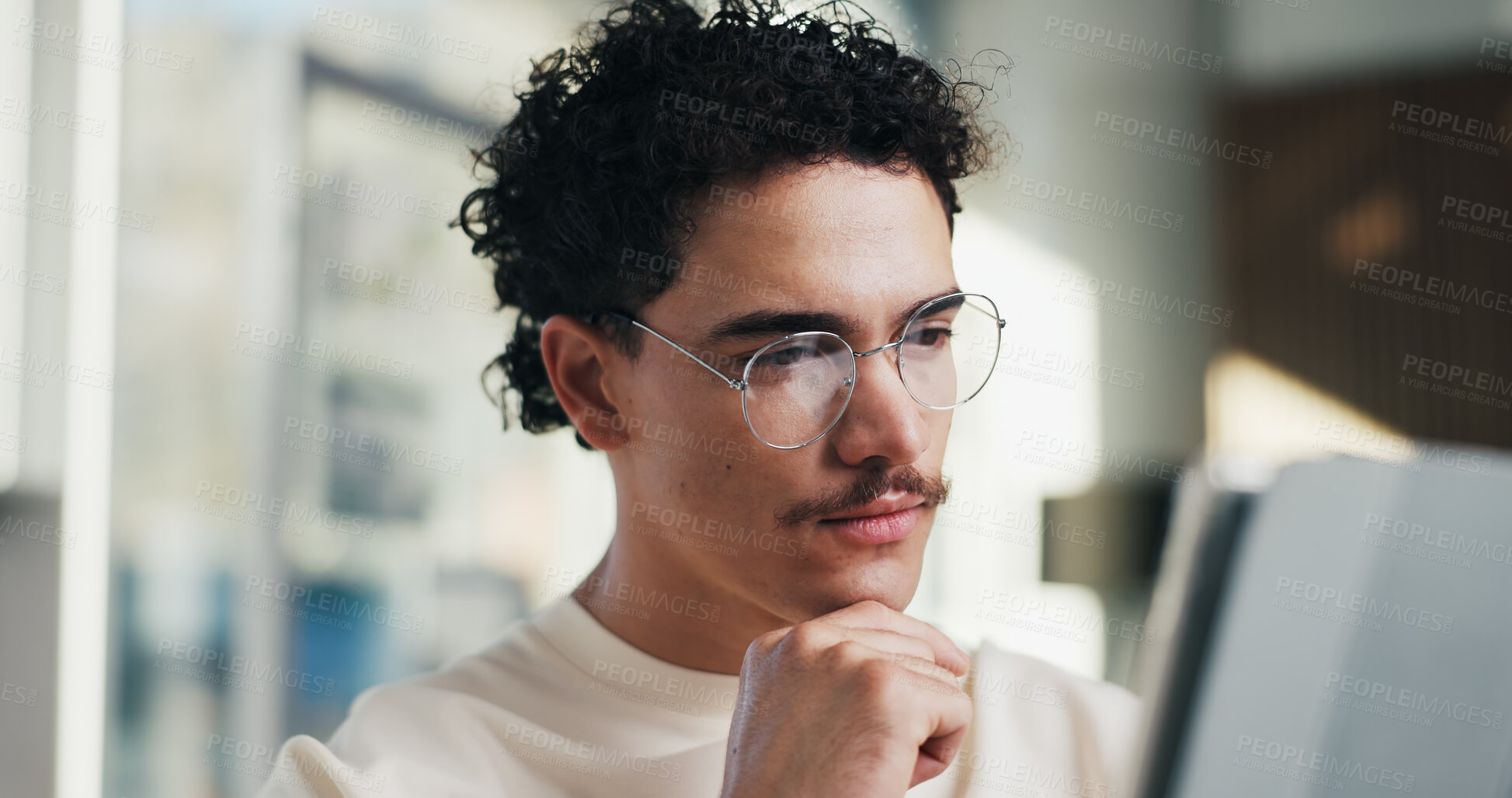Buy stock photo Admin, idea and man in office with tablet, public relations and career growth or development. Reading, business person and report with consultant, tech and problem solving for PR campaign planning