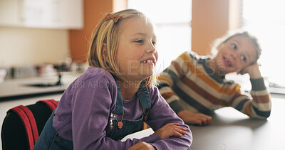 Buy stock photo Classroom, students and girl in school, listening and learning for test and knowledge at desk. Happy, friends and children  with education, teaching and development together for lesson or story