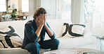 Stress, overwhelmed or man with bills on couch, poor mental health or anxiety for financial crisis. Bankruptcy, depression or burnout person with debt worry, emotional breakdown or pressure in home