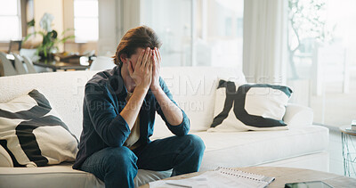 Buy stock photo Stress, overwhelmed or man with bills on couch, poor mental health or anxiety for financial crisis. Bankruptcy, debt worry or person with depression for taxes, emotional breakdown or pressure in home