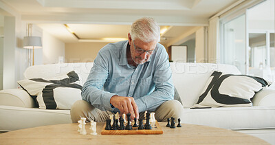 Buy stock photo Old man, chess and game on couch with strategy, solution or problem solving in contest in living room. Senior person, boardgame and idea with competition for thinking, knowledge or challenge in home