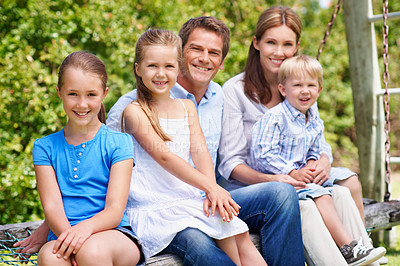 Buy stock photo Portrait, travel and children in nature with family, adventure and parental support on summer holiday. Smile, kids or people at park with siblings, affection and bonding together on vacation getaway