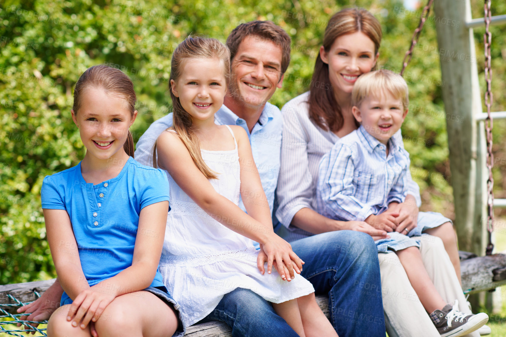 Buy stock photo Portrait, travel and children in nature with family, adventure and parental support on summer holiday. Smile, kids or people at park with siblings, affection and bonding together on vacation getaway