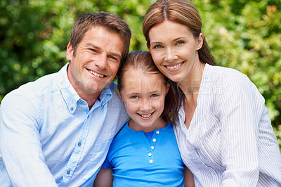 Buy stock photo Portrait, parents and smile with child outdoor for love, affection and bonding together on holiday. Happy, people and kid with positive attitude, family connection and vacation getaway in countryside