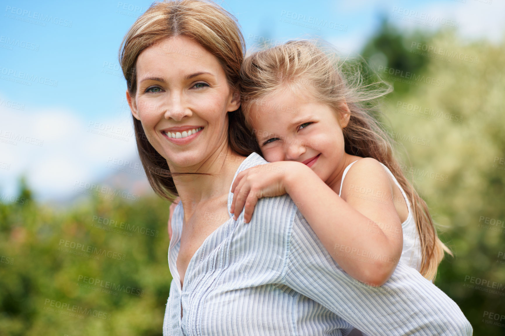 Buy stock photo Mother, child and piggyback portrait at park for bonding together, healthy relationship or support. Happy family, woman and carry daughter in nature for affection, love connection or trust on weekend