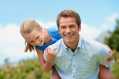Buy stock photo Father, girl and piggyback with portrait outdoor for bonding, family time or love in backyard. Garden, happy and relationship with people together for growth, security or trust as parent and kid