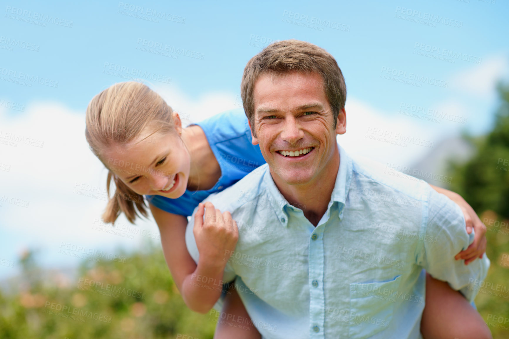 Buy stock photo Father, girl and piggyback with portrait outdoor for bonding, family time or love in backyard. Garden, happy and relationship with people together for growth, security or trust as parent and kid