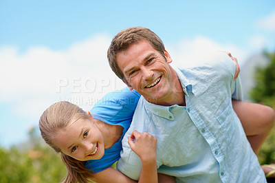 Buy stock photo Father, child and piggyback with portrait outdoor for bonding, family time or love in backyard. Garden, happy and relationship with people together for growth, security or trust as parent and kid