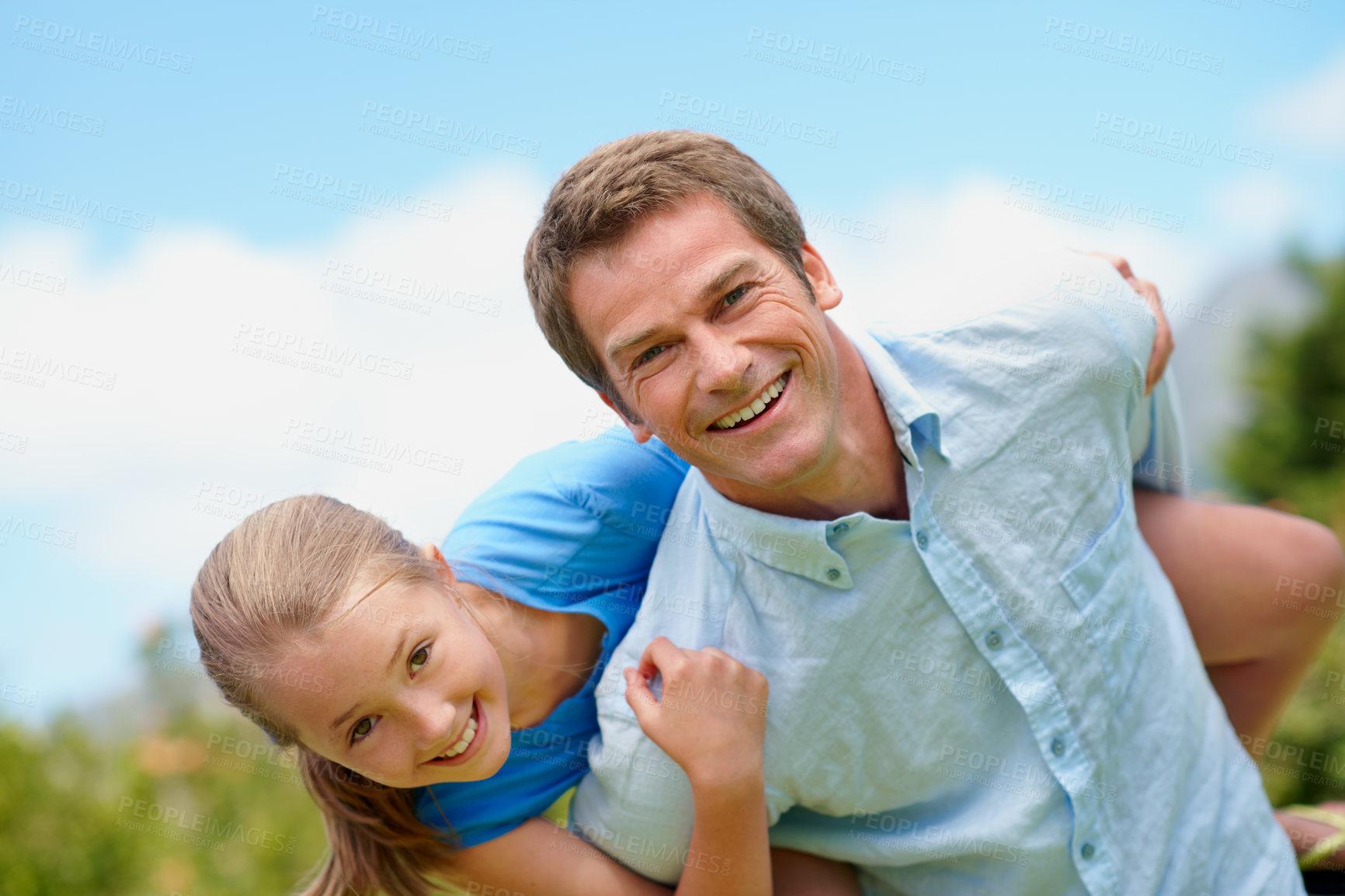Buy stock photo Father, child and piggyback with portrait outdoor for bonding, family time or love in backyard. Garden, happy and relationship with people together for growth, security or trust as parent and kid